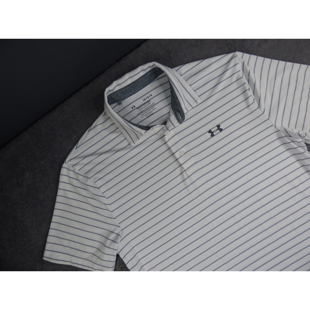 Under Armour Playoff Polo Mens Large White Grey Striped Short Sleeve Golf Shirt - Picture 2 of 12